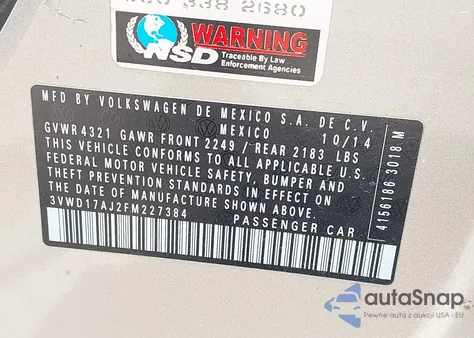 2015 Volkswagen Jetta 1.8T Se from USA, damaged, VIN 3VWD17AJ2FM227384